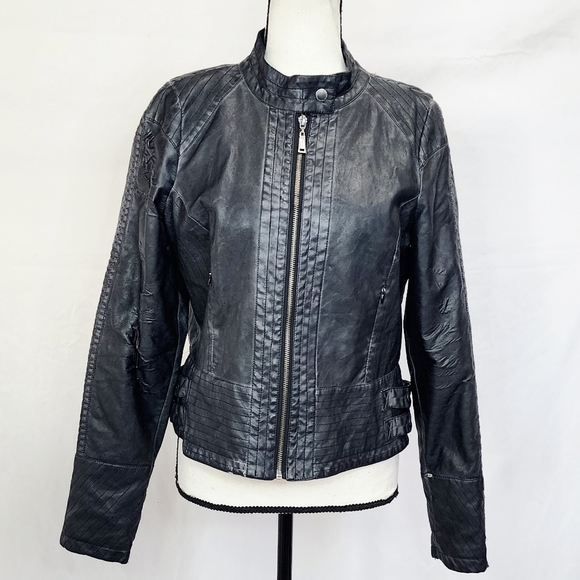 Jou Jou Black Leather Biker Motorcycle Jacket w/ Zipper Pockets - Picture 1 of 8